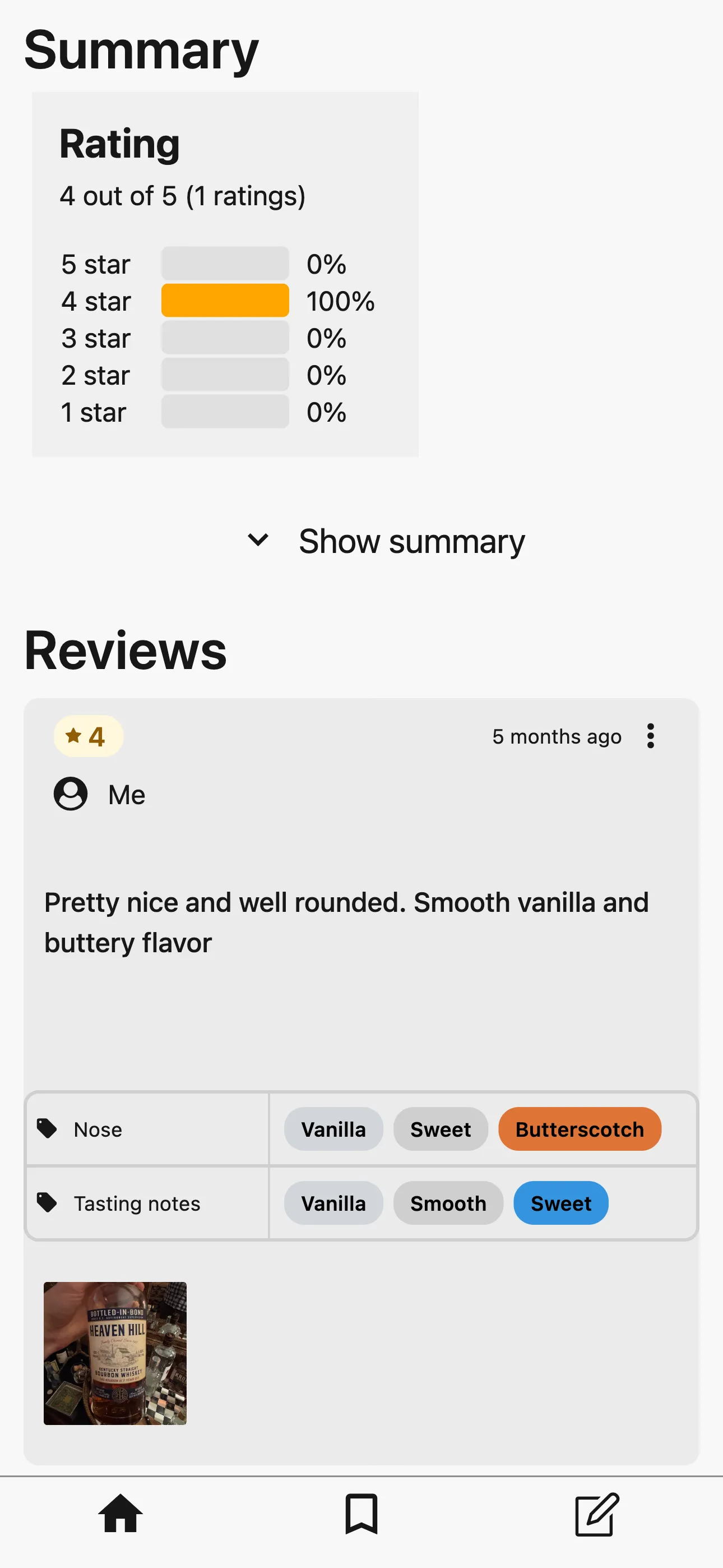 Memolli showing a whisky review with vanilla, smooth, and sweet tasting notes