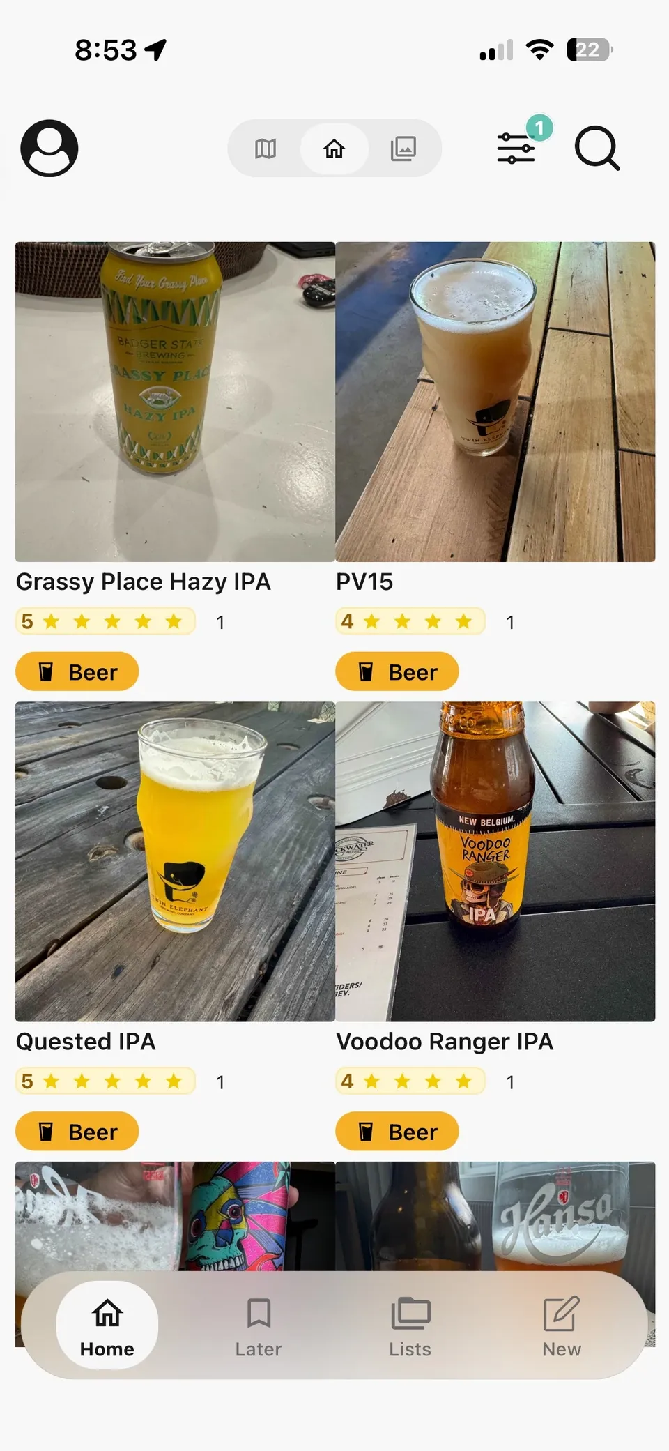 Memolli beer gallery showing cans, bottles, and draft beers with personal ratings