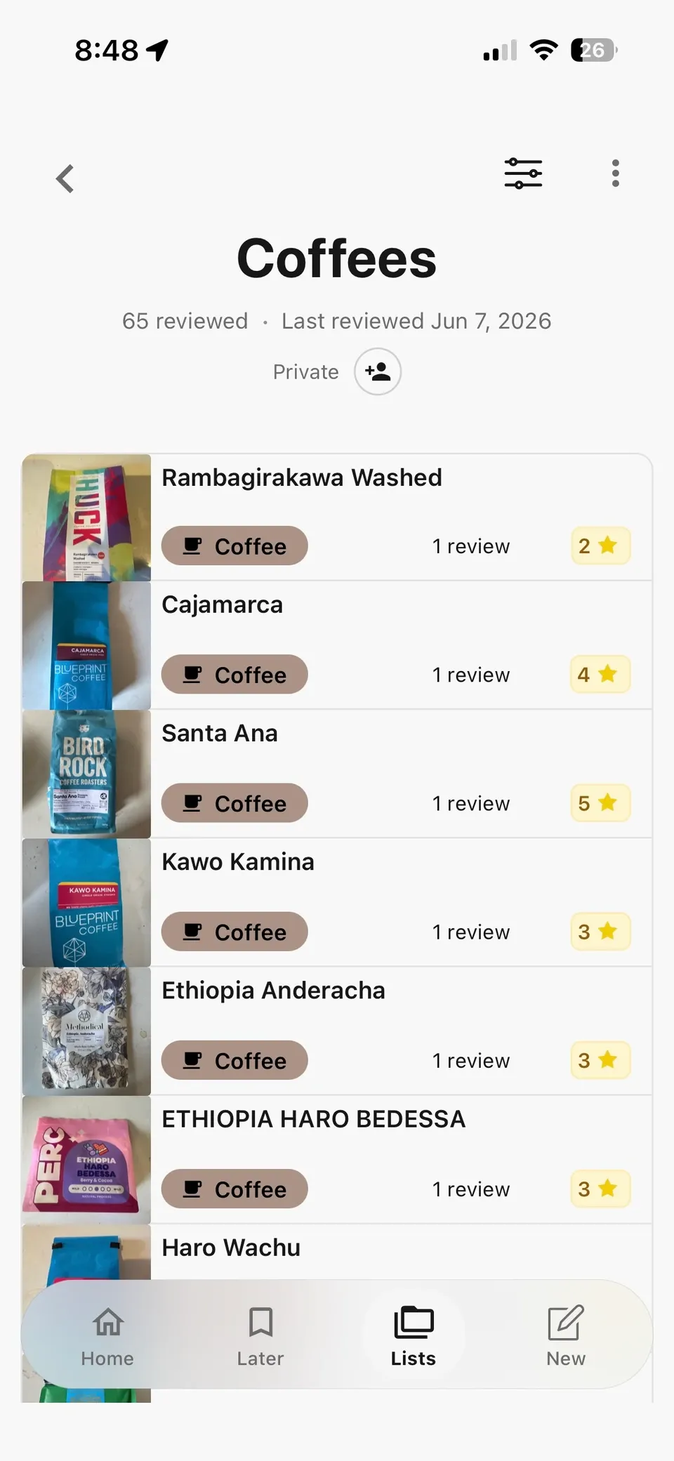 A private Coffees list in Memolli with coffee-bag photos, review counts, and ratings