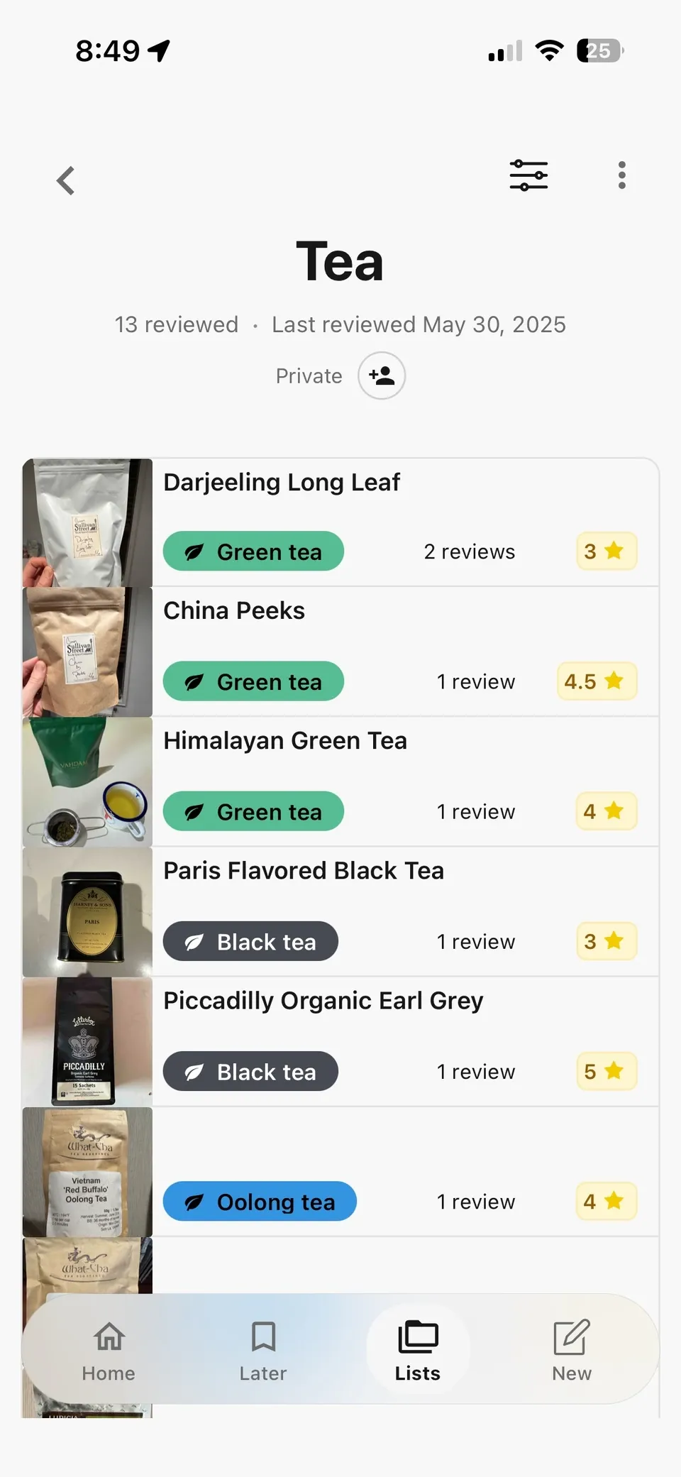 A private Tea list in Memolli with green, black, and oolong tea photos and personal ratings
