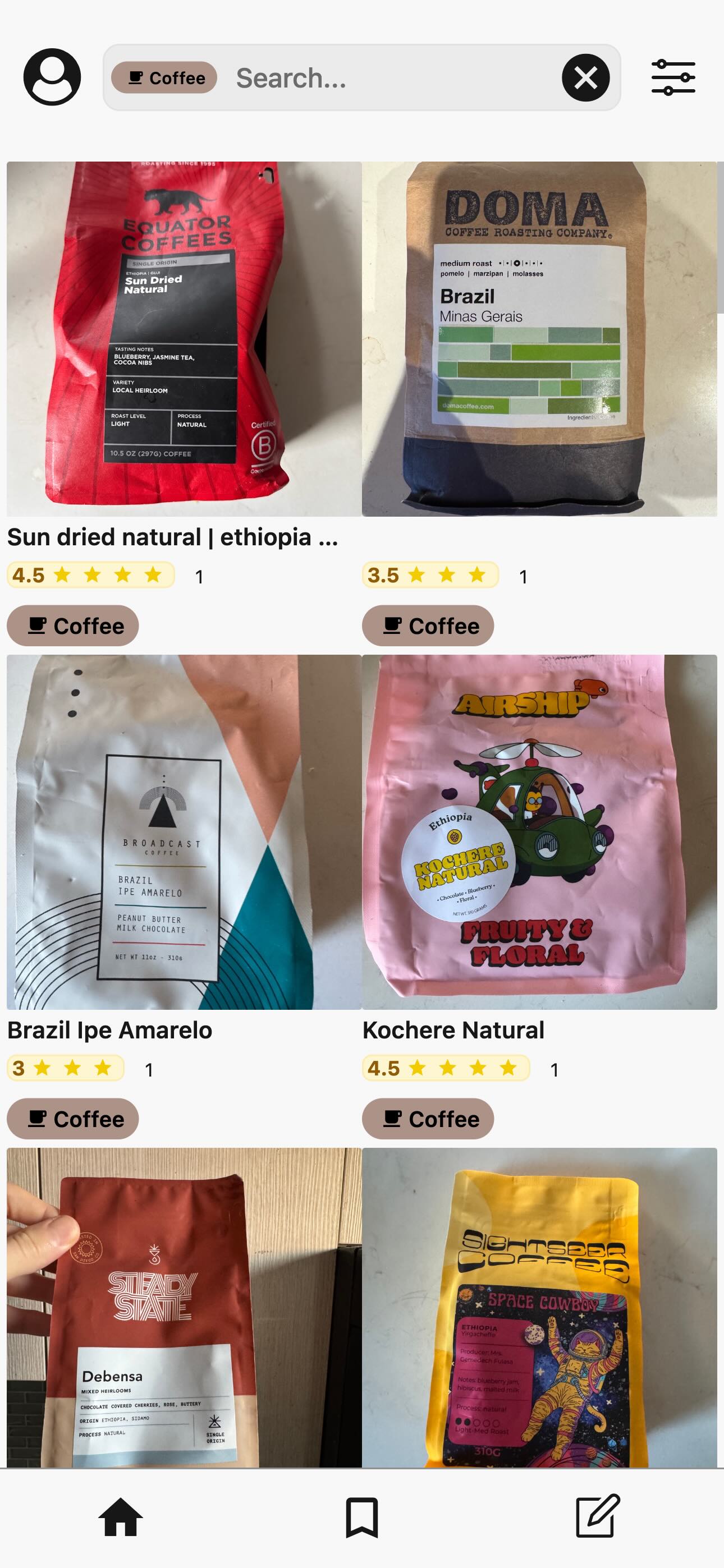 A screenshot of Coffee reviews in Memolli, showing various coffee shop entries with photos and ratings.