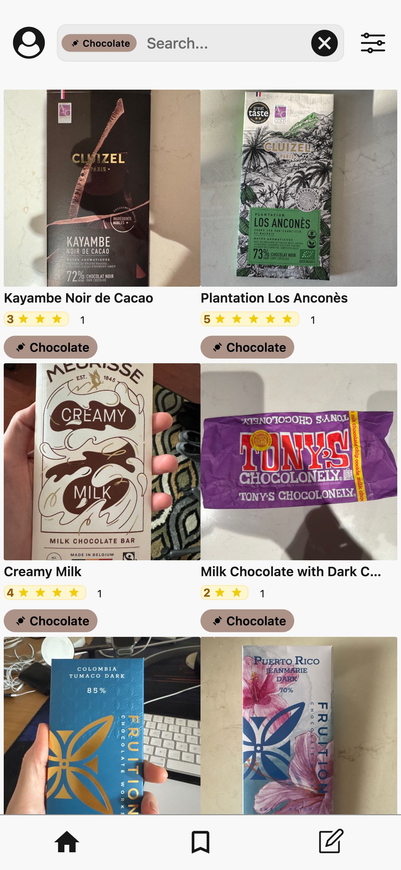 A screenshot of Chocolate reviews in Memolli, showing various chocolate shop entries with photos and ratings.