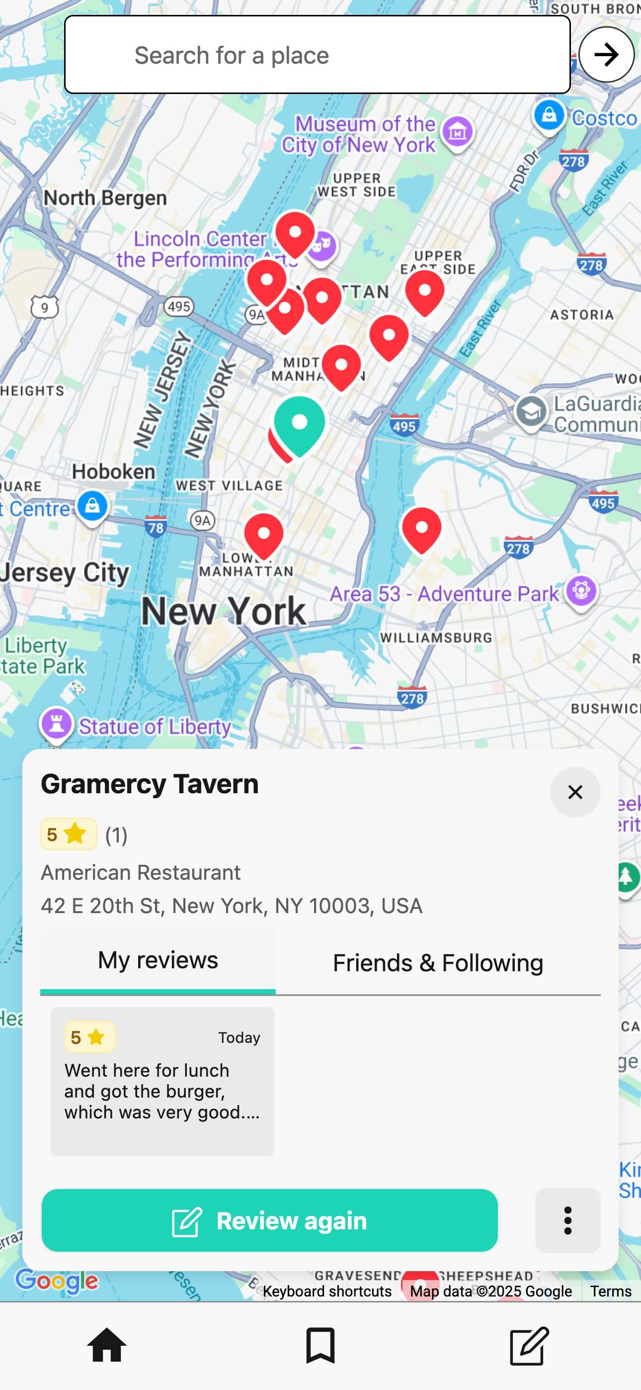 A screenshot of Memolli's map view showing private restaurant reviews pinned on a map.