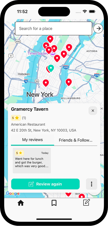 A Memolli screenshot showing restaurant reviews on a map.
