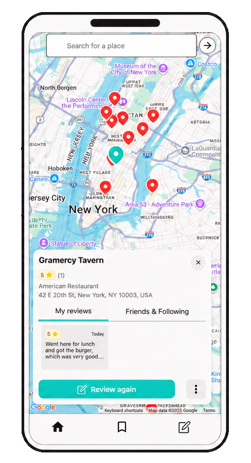 Memolli mobile app showing private restaurant reviews on a map